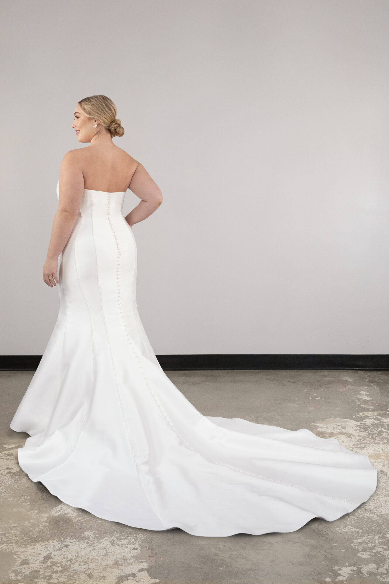 Sleek Pearl-Adorned Fit-and-Flare Wedding Dress With Buttons by Essense of Australia - Image 2