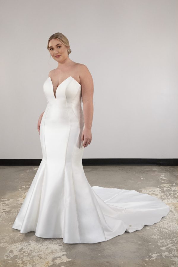 Sleek Pearl-Adorned Fit-and-Flare Wedding Dress With Buttons by Essense of Australia - Image 1