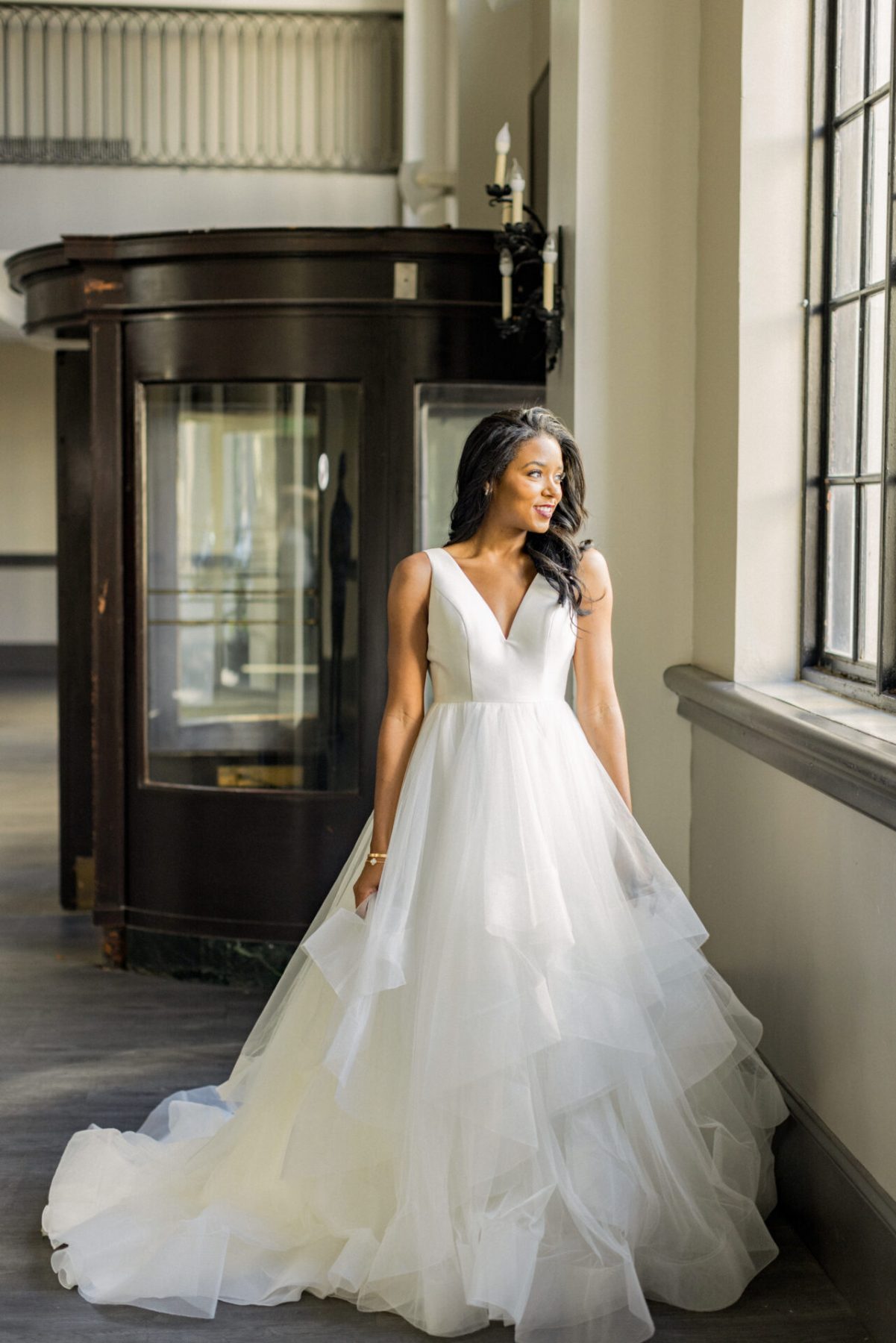 Simple V-neck Tiered Ball Gown With Open Back 