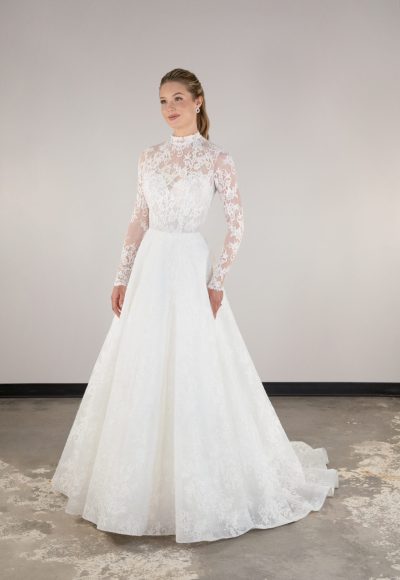 Traditional Long Sleeve Lace Ball Gown With Open Back by Essense of Australia