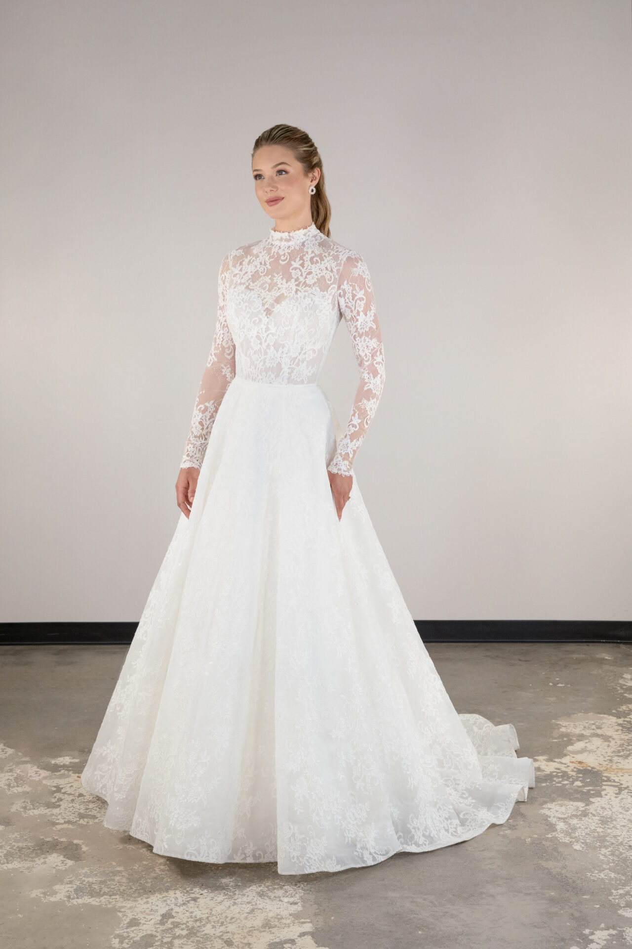 Traditional Long Sleeve Lace Ball Gown With Open Back by Essense of Australia - Image 1