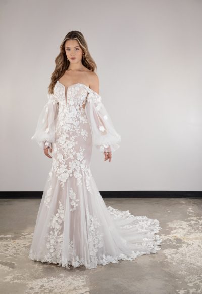 Modern And Romantic Floral Fit-and-Flare Wedding Dress With Detachable Sleeves by Essense of Australia