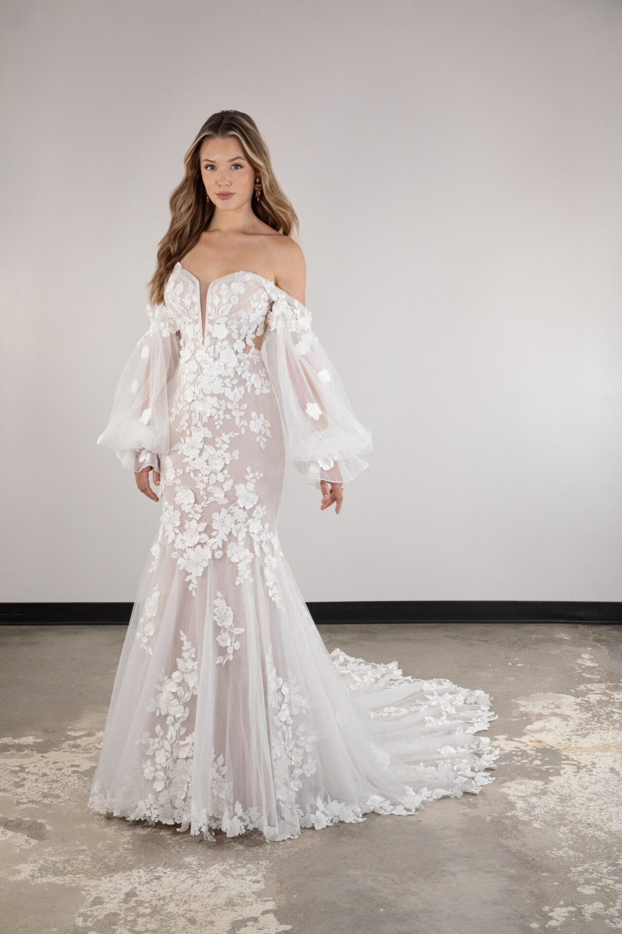 Modern And Romantic Floral Fit-and-Flare Wedding Dress With Detachable Sleeves by Essense of Australia - Image 1