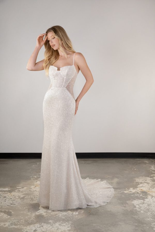 Sparkly Fit-and-Flare Wedding Dress With Open Back by Essense of Australia - Image 1