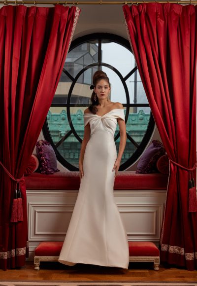 Classic Off-the-Shoulder Fit-and-Flare Wedding Dress With Buttons by Sareh Nouri