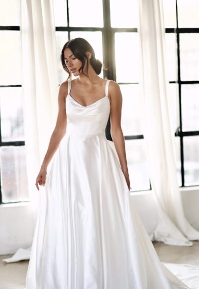 Clean And Chic Cowl-Neck Ball Gown With Open Back And Bow by Martina Liana