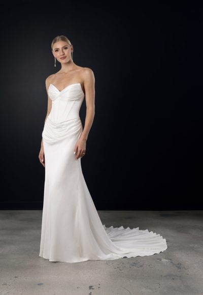 Chic And Modern Satin Sheath Wedding Dress With Buttons by Martina Liana