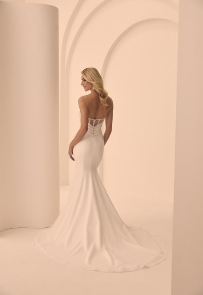 Sleek and Simple Crepe Fit-and-Flare Wedding Dress With Buttons by Mikaella Bridal - Image 3