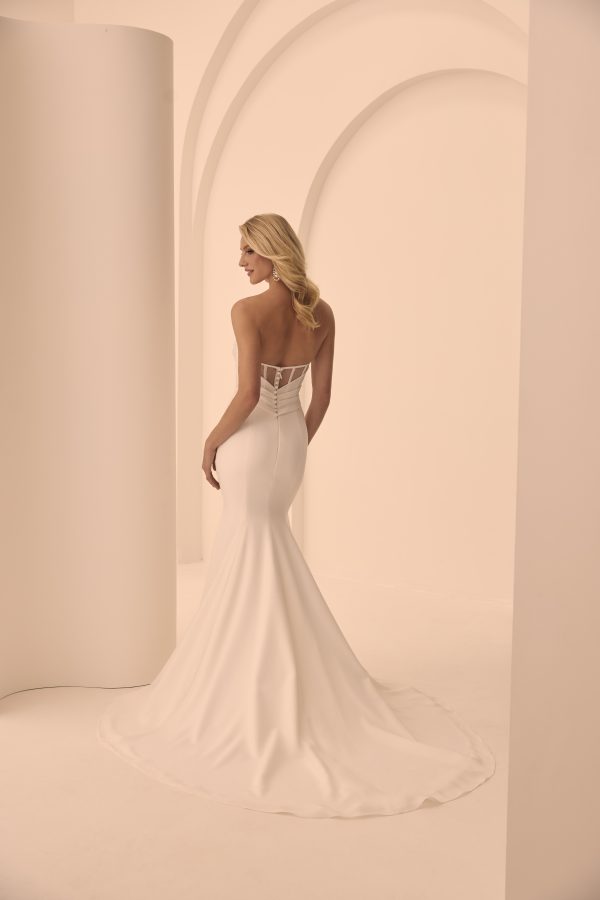 Sleek and Simple Crepe Fit-and-Flare Wedding Dress With Buttons by Mikaella Bridal - Image 3