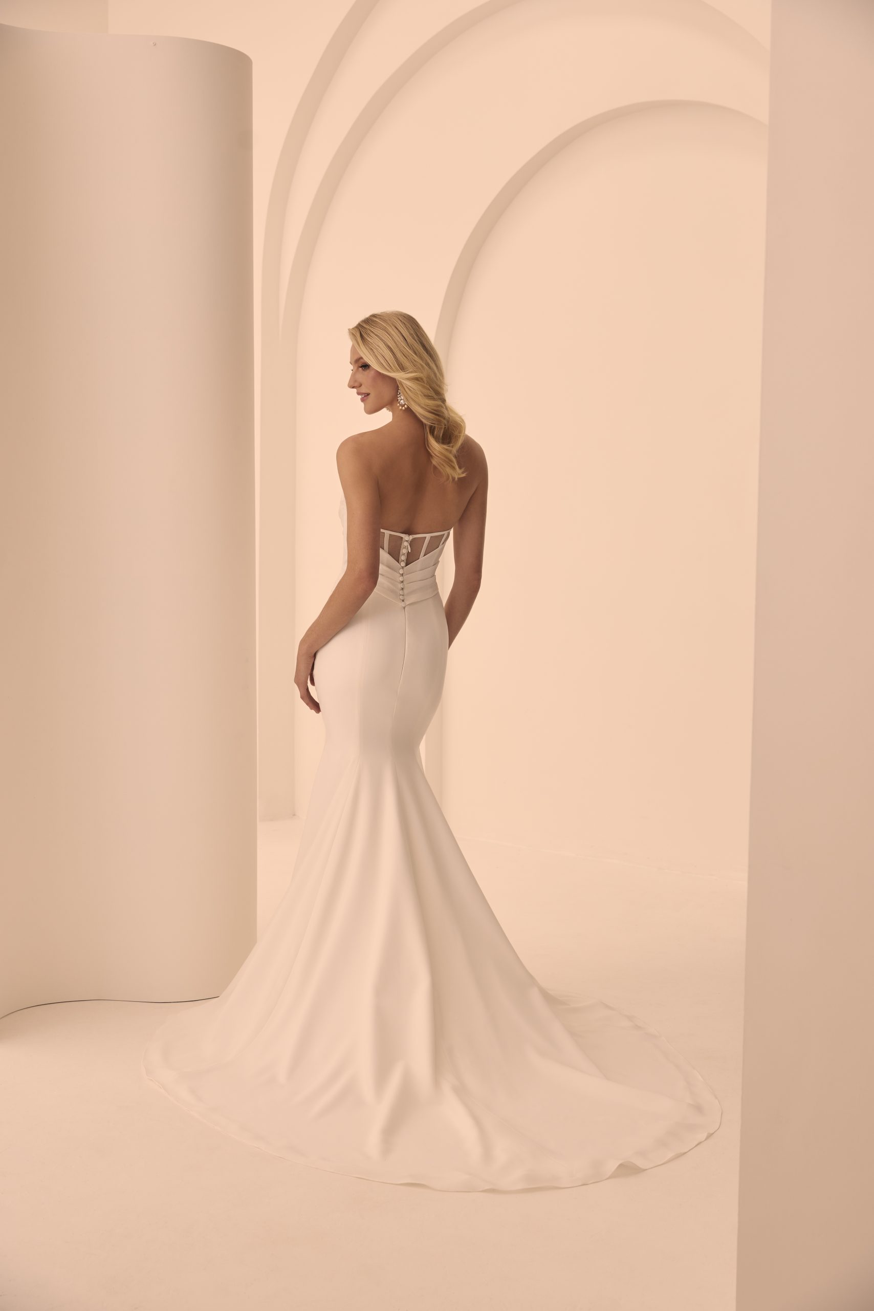 Sleek and Simple Crepe Fit-and-Flare Wedding Dress With Buttons by Mikaella Bridal - Image 3