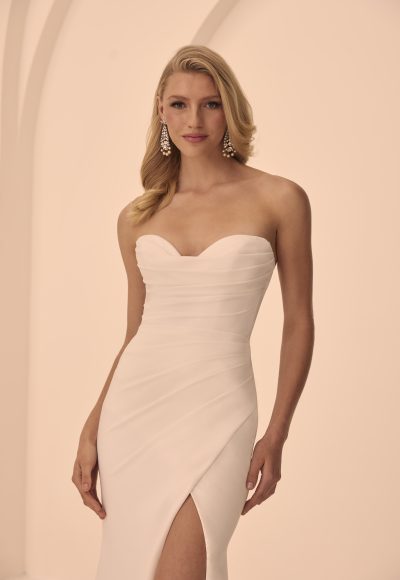 Sleek and Simple Crepe Fit-and-Flare Wedding Dress With Buttons by Mikaella Bridal - Image 2