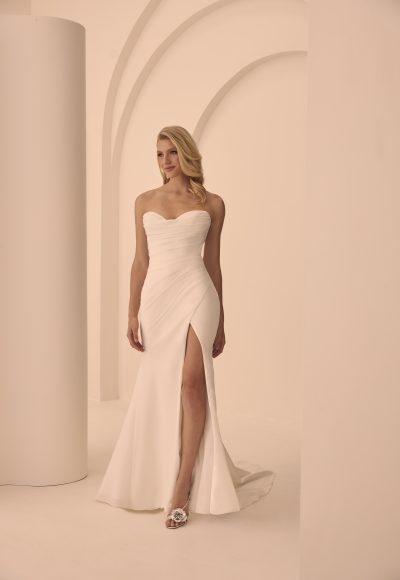 Sleek and Simple Crepe Fit-and-Flare Wedding Dress With Buttons by Mikaella Bridal