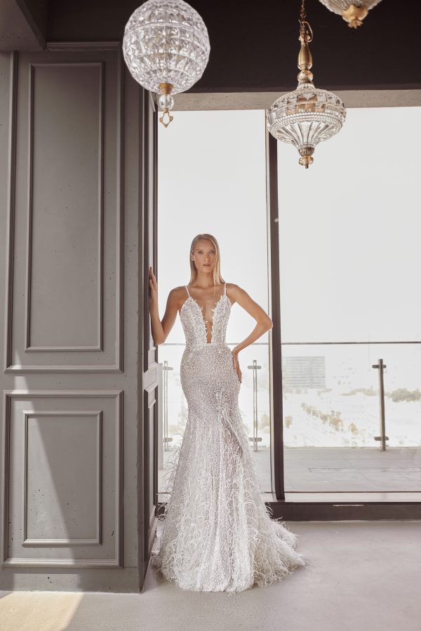 V-Neck Feathered Mermaid Wedding Dress by Tal Kedem Bridal Couture - Image 2