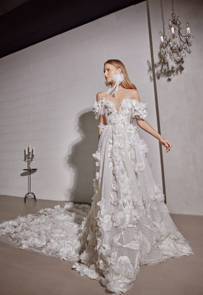 Off-The-Shoulder 3D Floral A-Line Gown by Tal Kedem Bridal Couture