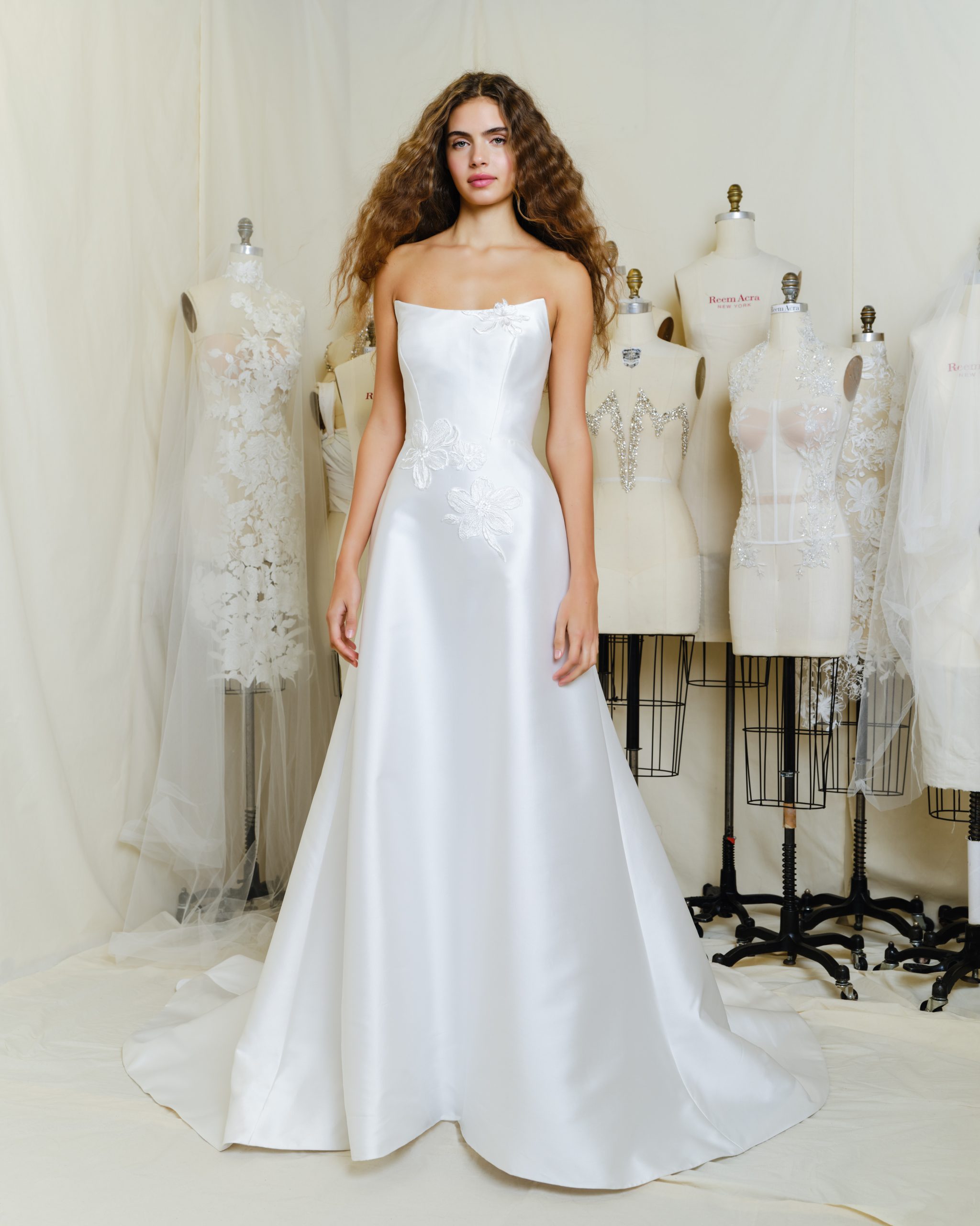 Sleek And Romantic Strapless Floral A-Line Wedding Dress by Reem Acra - Image 1