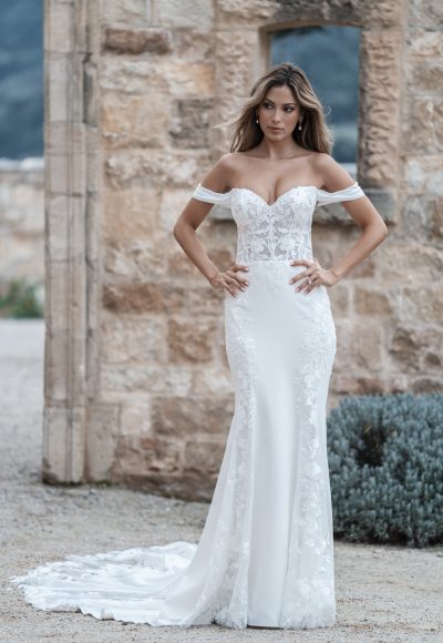 Romantic Off-The-Shoulder Fit-and-Flare Wedding Dress With Buttons by Allure Bridals