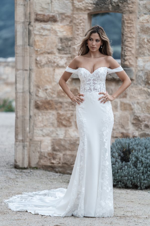 Romantic Off-The-Shoulder Fit-and-Flare Wedding Dress With Buttons by Allure Bridals - Image 1