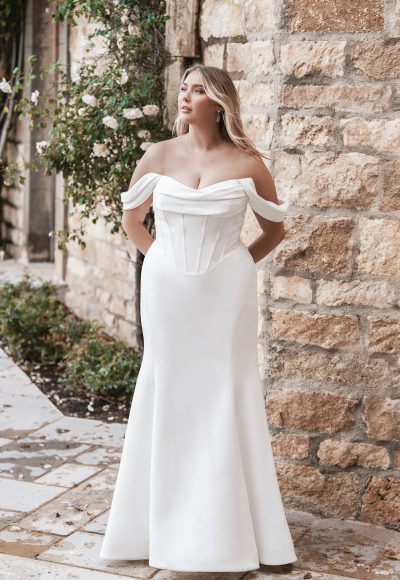 Sleek And Modern Basque-Waist Fit-and-Flare Wedding Dress With Buttons by Allure Bridals