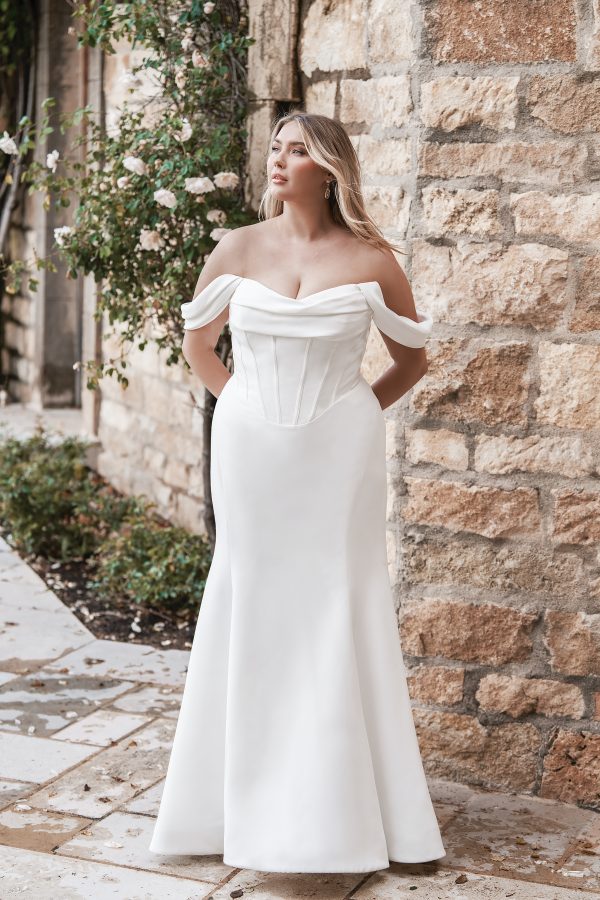 Sleek And Modern Basque-Waist Fit-and-Flare Wedding Dress With Buttons by Allure Bridals - Image 1