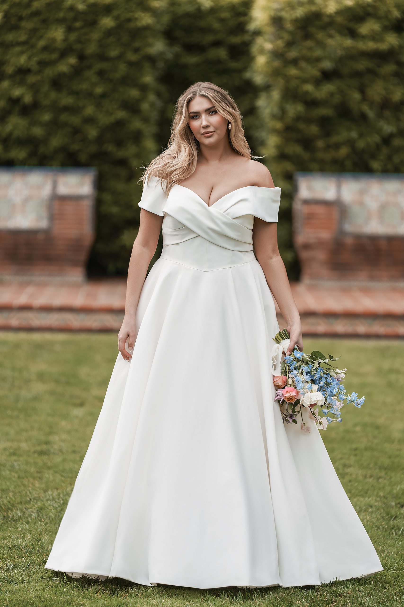 Simple Satin Off-the-Shoulder Ball Gown With Bow by Allure Bridals - Image 1