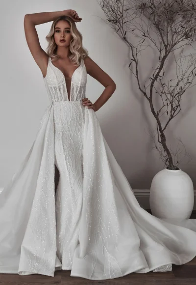 Embellished V-Neck Fit-and-Flare Wedding Dress With Open Back and Overskirt by Blanche Bridal - Image 3