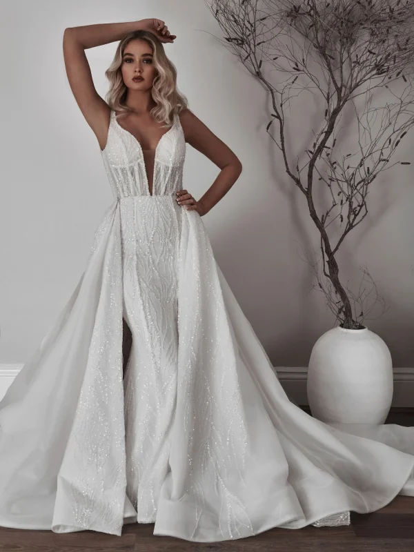 Embellished V-Neck Fit-and-Flare Wedding Dress With Open Back and Overskirt by Blanche Bridal - Image 3