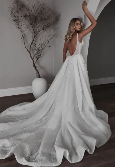 Embellished V-Neck Fit-and-Flare Wedding Dress With Open Back and Overskirt by Blanche Bridal - Image 4