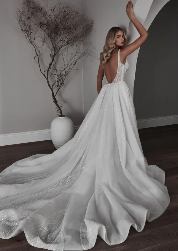 Embellished V-Neck Fit-and-Flare Wedding Dress With Open Back and Overskirt by Blanche Bridal - Image 4