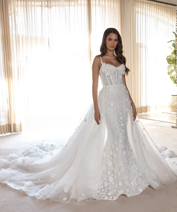 Romantic And Modern 3D Floral Fit-and-Flare Wedding Dress With Overskirt by Blanche Bridal - Image 3