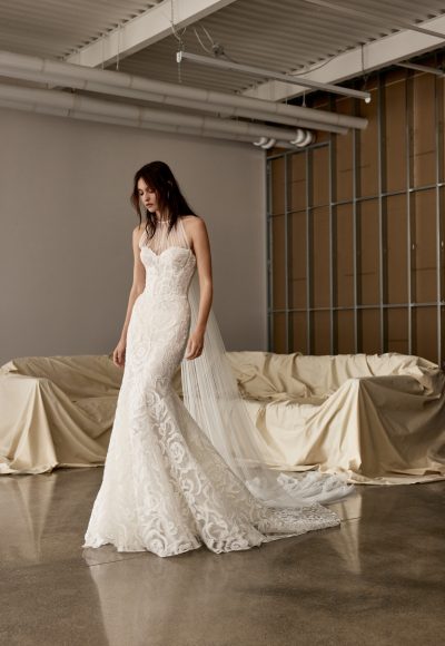 Chic Floral Fit-and-Flare Wedding Dress With Detachable Tulle Topper And Watteau Train by Rivini