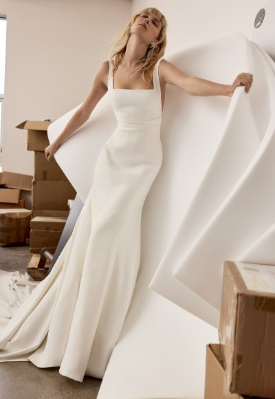 Clean And Modern Square-Neck Sheath Wedding Dress With Open Back And Bow by Alyne by Rita Vinieris