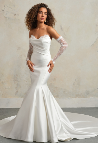 Chic and Romantic Satin Fit-and-Flare Wedding Dress With Detachable Lace Sleeves by Maggie Sottero