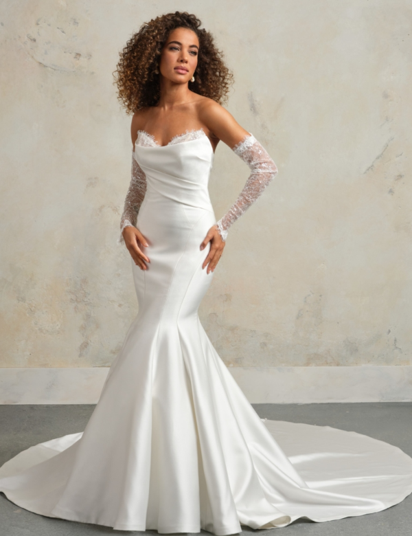 Chic and Romantic Satin Fit-and-Flare Wedding Dress With Detachable Lace Sleeves by Maggie Sottero - Image 1