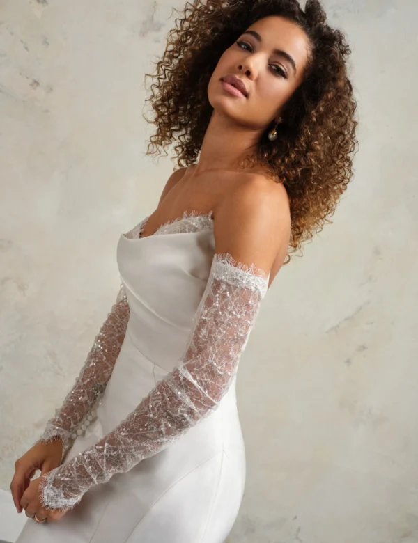 Chic and Romantic Satin Fit-and-Flare Wedding Dress With Detachable Lace Sleeves by Maggie Sottero - Image 4