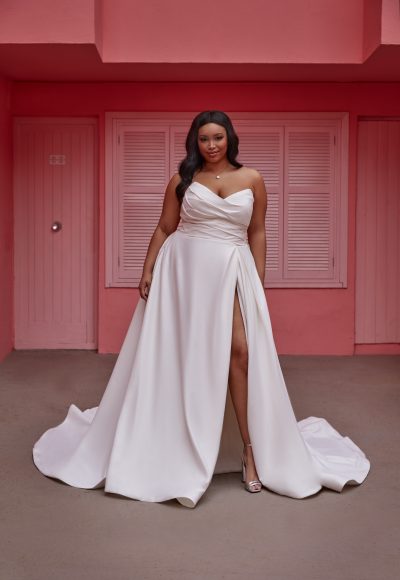 Simple And Classic Strapless Ball Gown With Slit And Buttons by Madison James