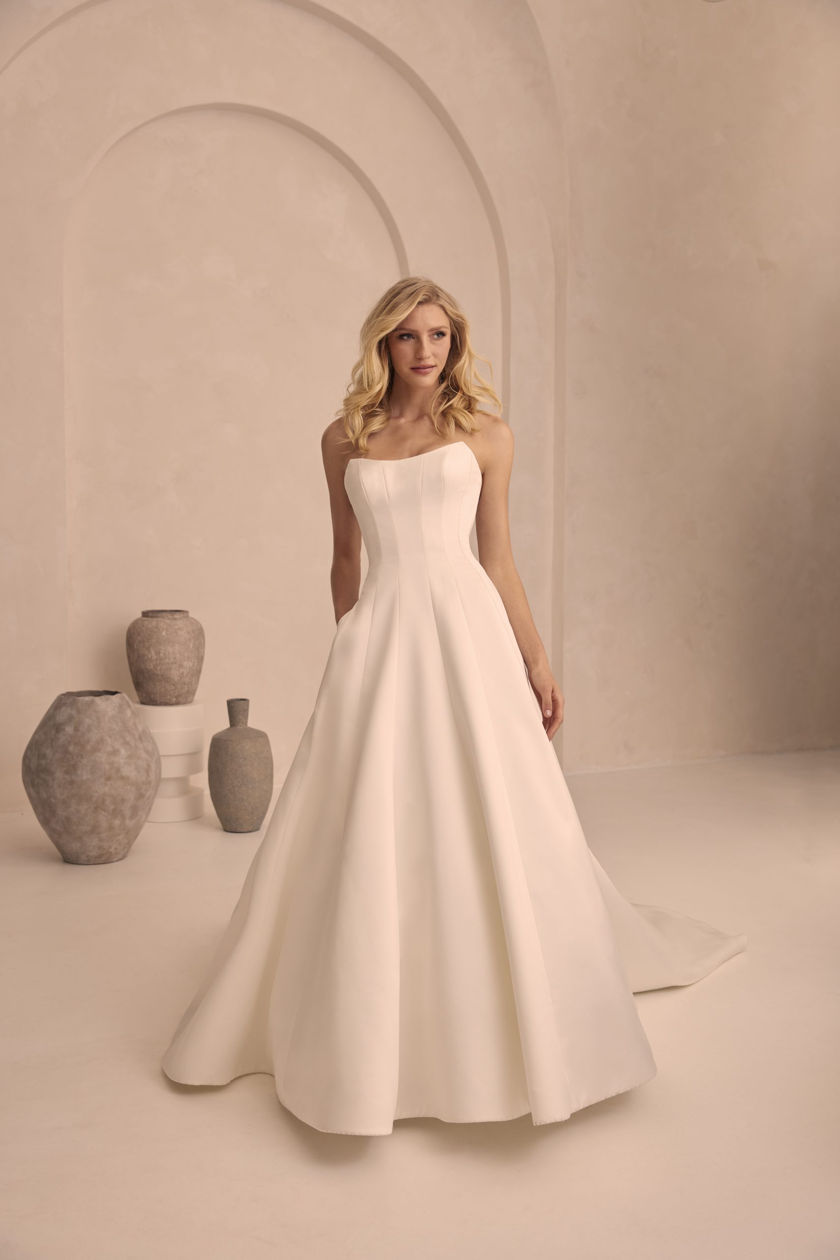 Plus-Size Chic and Simple Satin Modified A-Line Wedding Dress With Buttons by Mikaella Bridal - Image 1