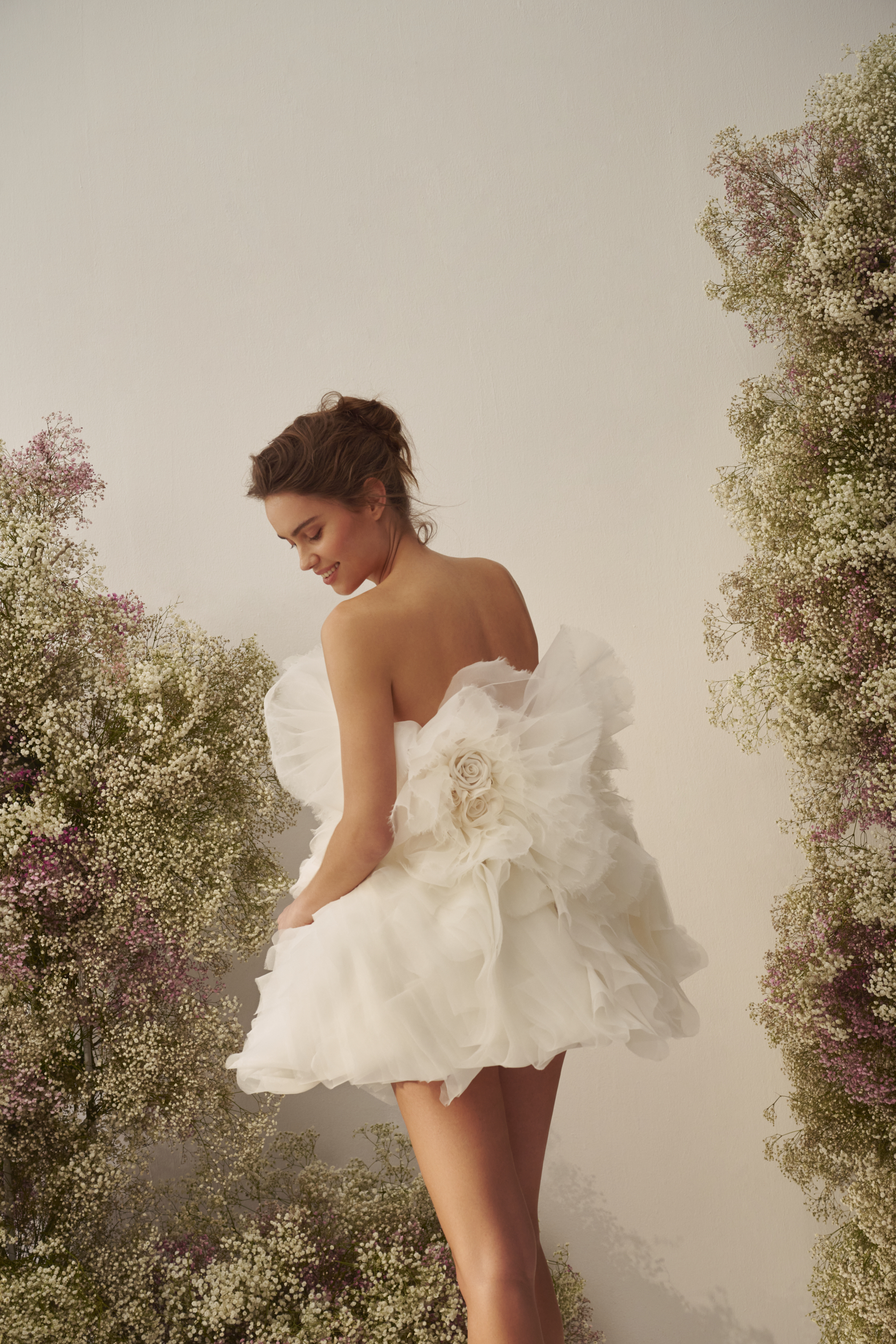 Chic And Dramatic Floral Bridal Mini Dress by Nicole + Felicia - Image 2