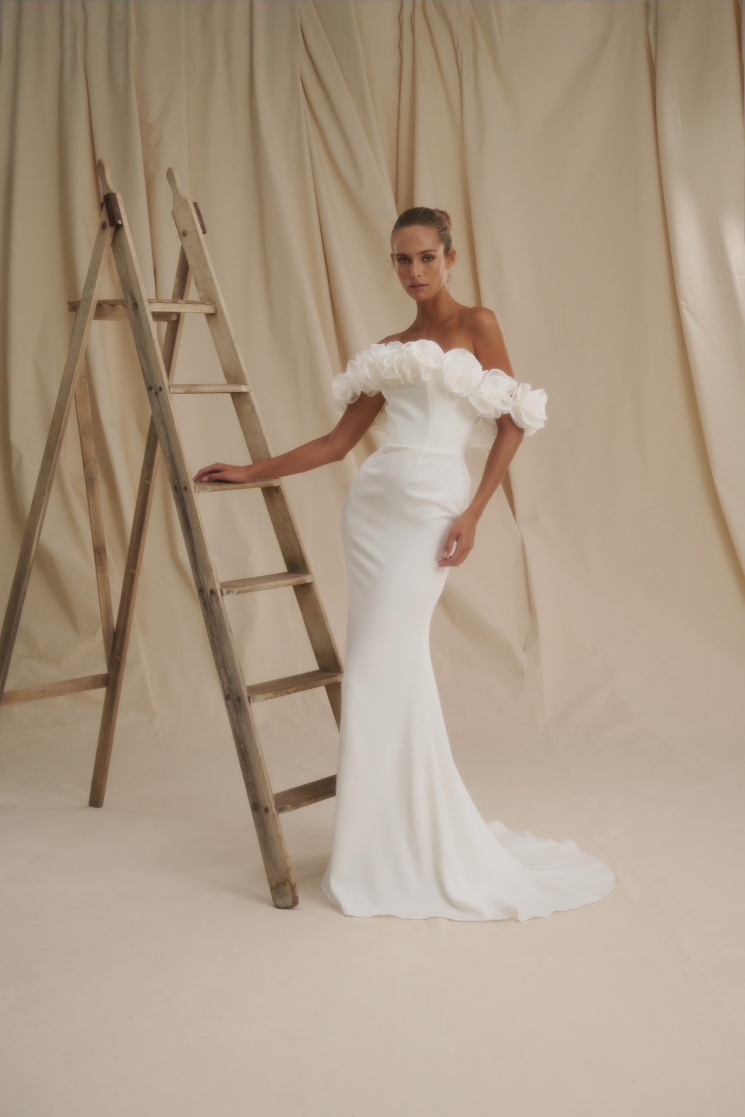 Chic And Romantic 3D Floral Off-the-Shoulder Sheath Wedding Dress by Senstudio - Image 1