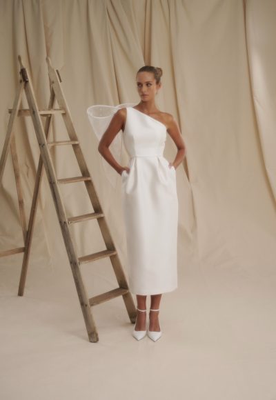 One-Shoulder Bridal Midi Dress With Dramatic Organza Bow by Senstudio