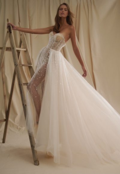 Beaded Fit-and-Flare Wedding Dress With Detachable Tulle Overskirt by Senstudio