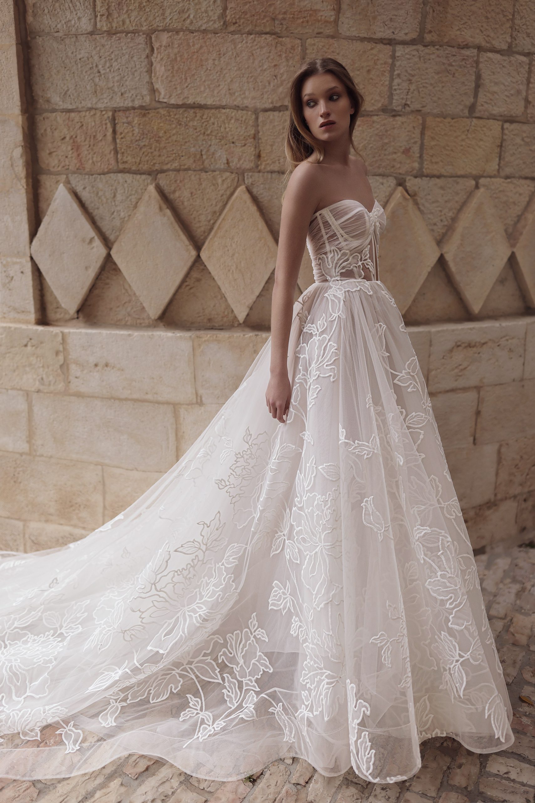 Unique And Modern Floral-Embroidered Tulle A-Line Wedding Dress by Tal Kedem Bridal Couture - Image 1