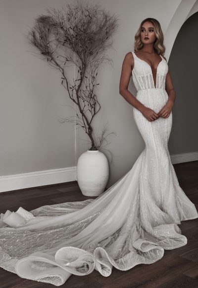 Glamorous Embellished V-Neck Fit-and-Flare Wedding Dress With Open Back by Blanche Bridal