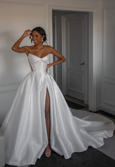 Modern Strapless Satin Ball Gown With Slit And Buttons by Blanche Bridal