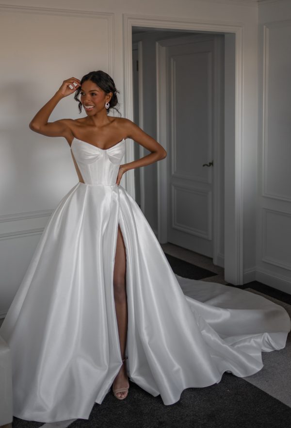 Modern Strapless Silk Mikado Ball Gown With Slit And Buttons by Blanche Bridal - Image 1