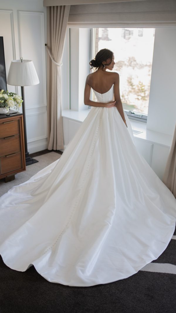 Modern Strapless Silk Mikado Ball Gown With Slit And Buttons by Blanche Bridal - Image 2