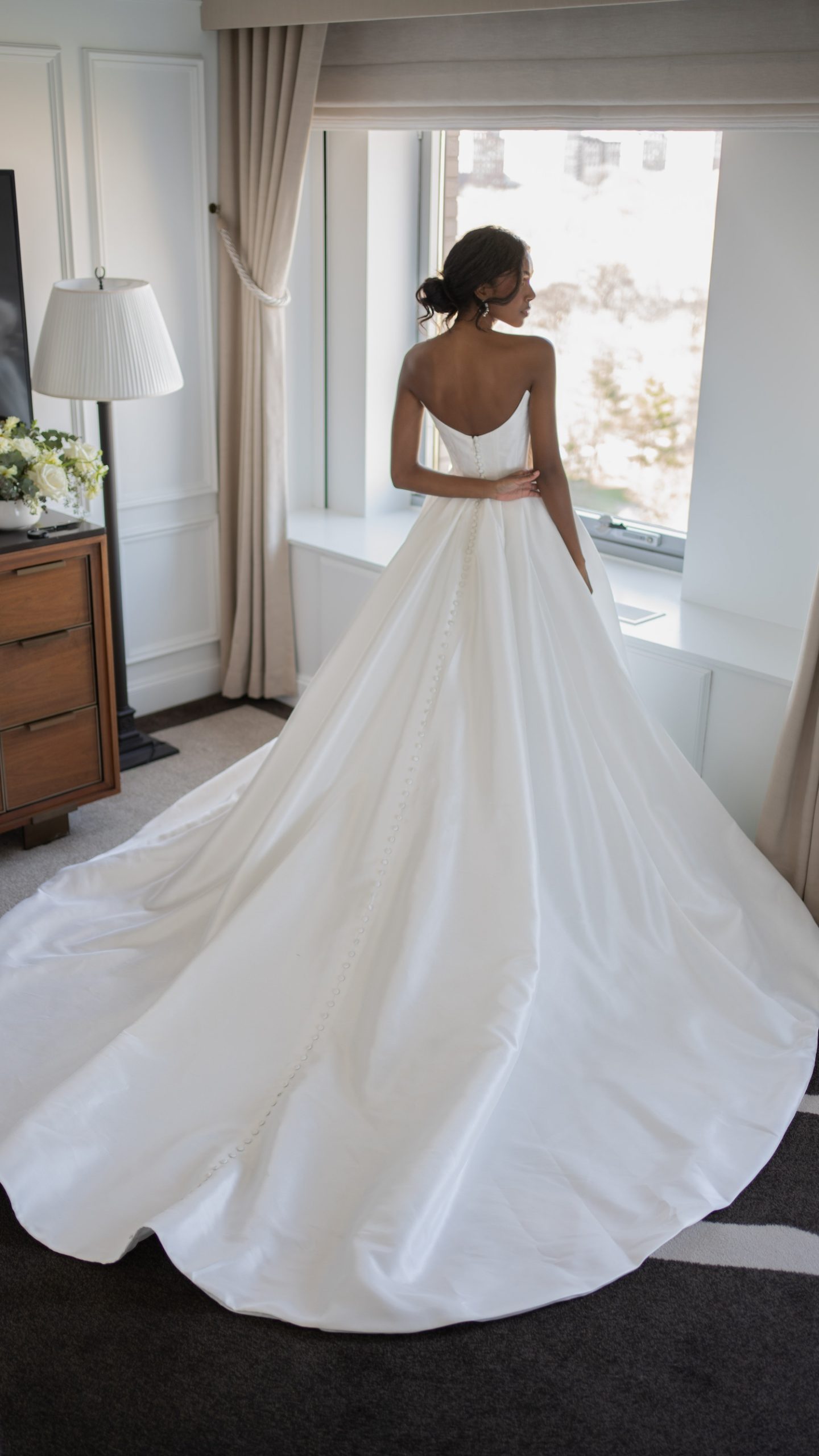 Modern Strapless Satin Ball Gown With Slit And Buttons by Blanche Bridal - Image 2