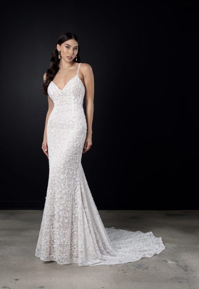 Embellished V-Neck Fit-and-Flare Wedding Dress With Open Back by Martina Liana