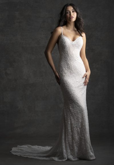 Elegant And Modern Beaded Sheath Wedding Dress With Open Back by Allure Bridals