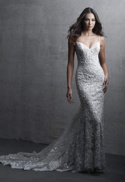 Romantic And Elegant Embellished Lace Fit-and-Flare Wedding Dress With Open Back by Allure Bridals