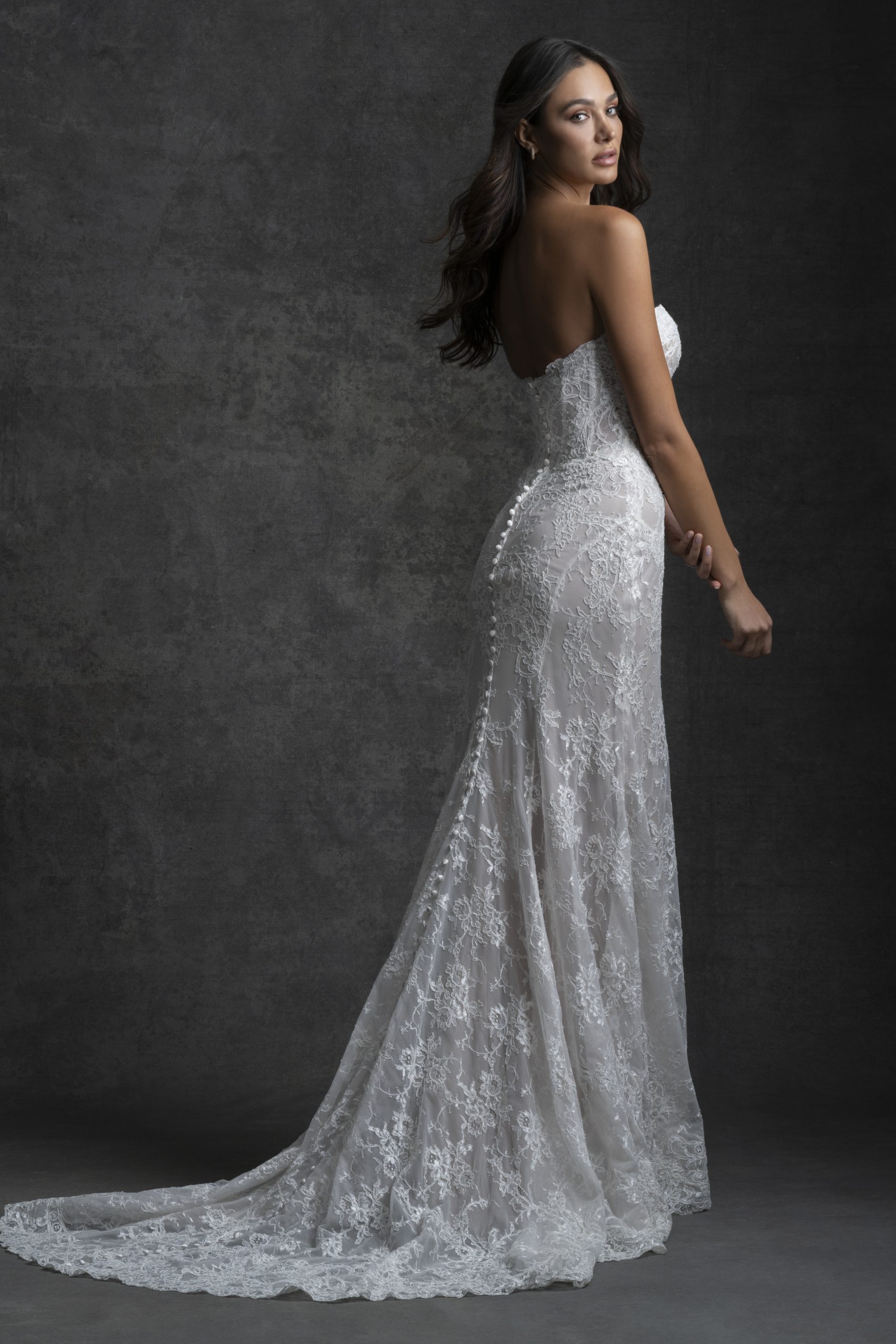 Modern And Feminine Lace Sheath Wedding Dress With Corset by Allure Bridals - Image 3